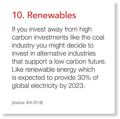 10  Renewables If you invest away from high carbon investments like the coal industry you might decide to invest in a   