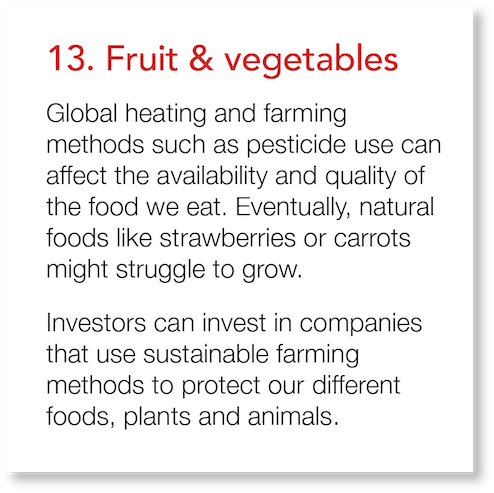 13  Fruit & vegetables Global heating and farming methods such as pesticide use can affect the availability and quali   