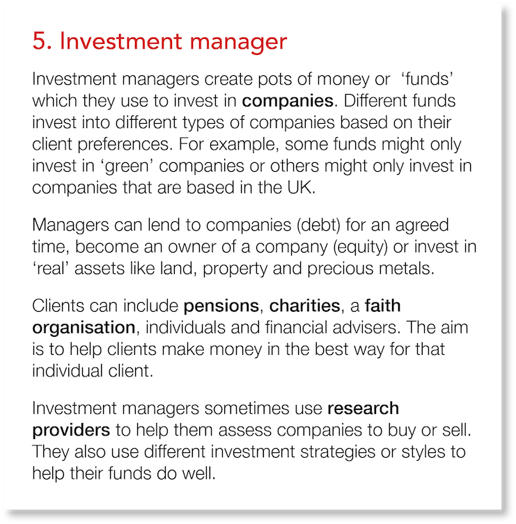 5  Investment manager Investment managers create pots of money or  funds  which they use to invest in companies  Diff   
